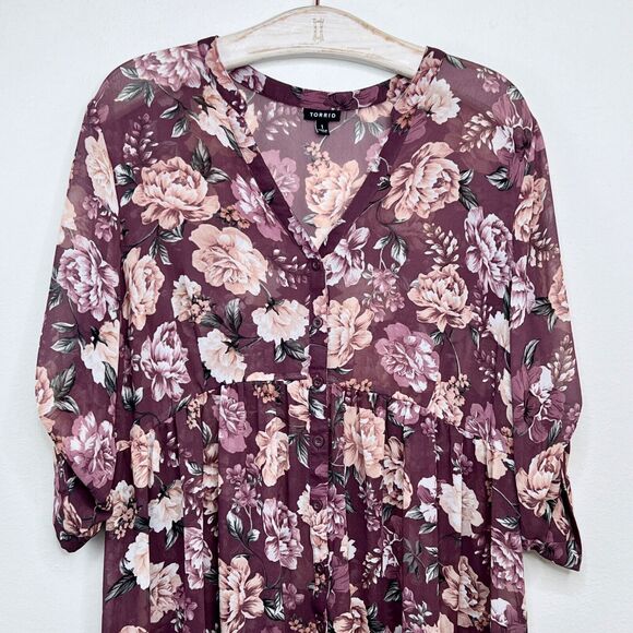 Torrid Sheer Floral Chiffob Hi-Lo Tunic Top Plus Size 1 Baby Doll Blouse 1X - Picture 3 of 5
